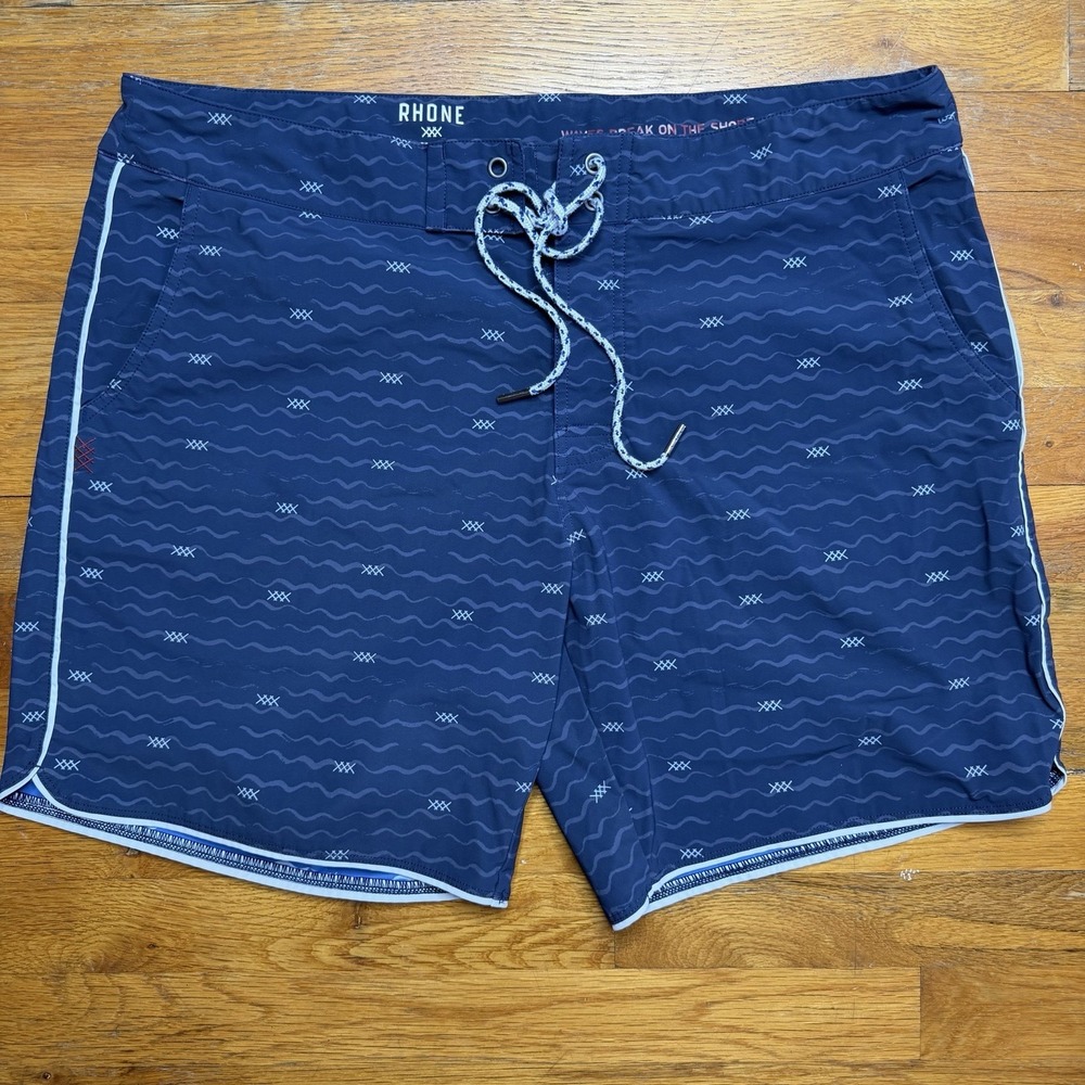 RHONE‎ Point Break Mens Board Short 36 Blue Waves 7" Inseam Swim Trunks